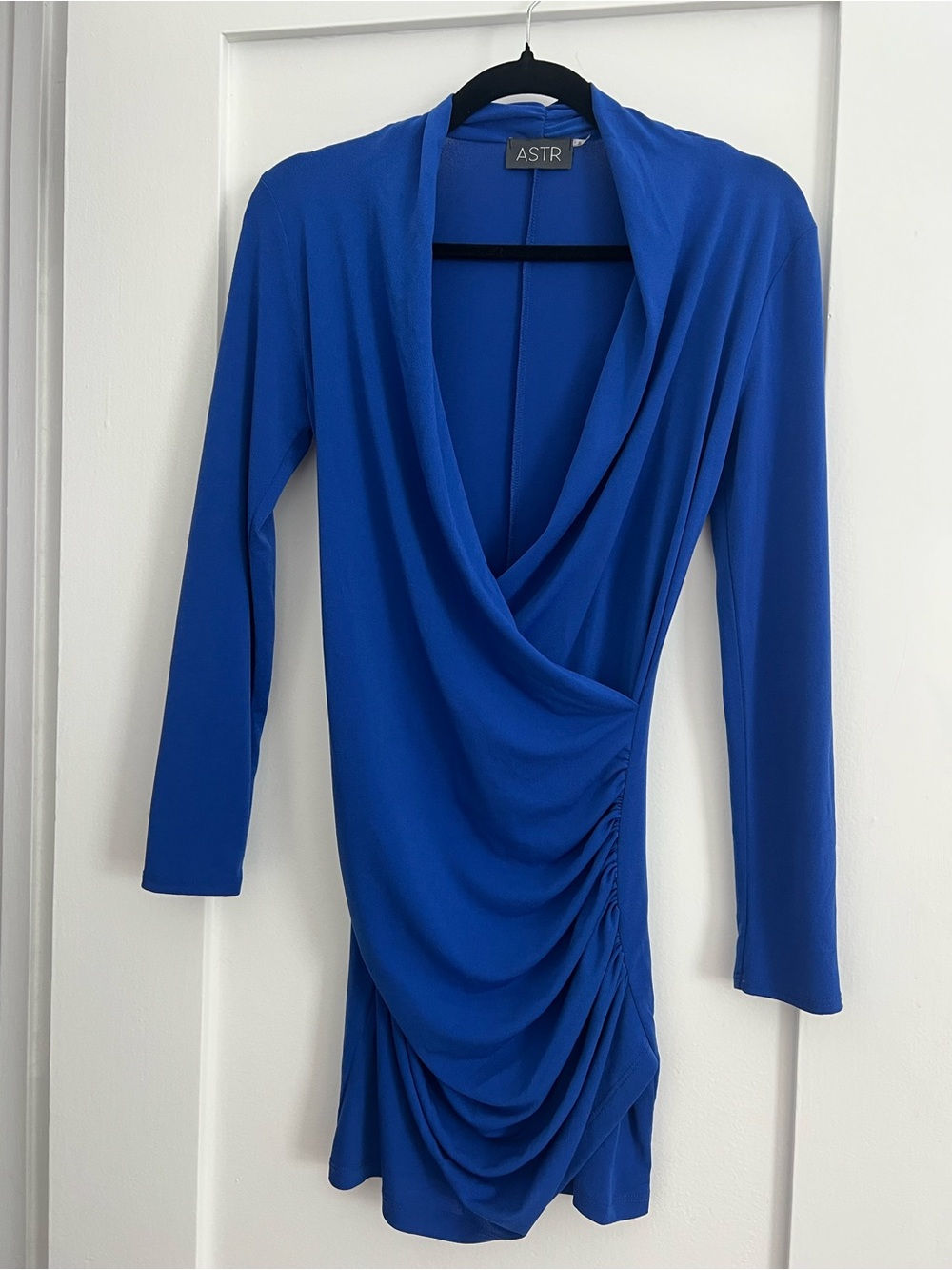 Astr Cobalt Blue Long-Sleeve Draped Wrap Dress